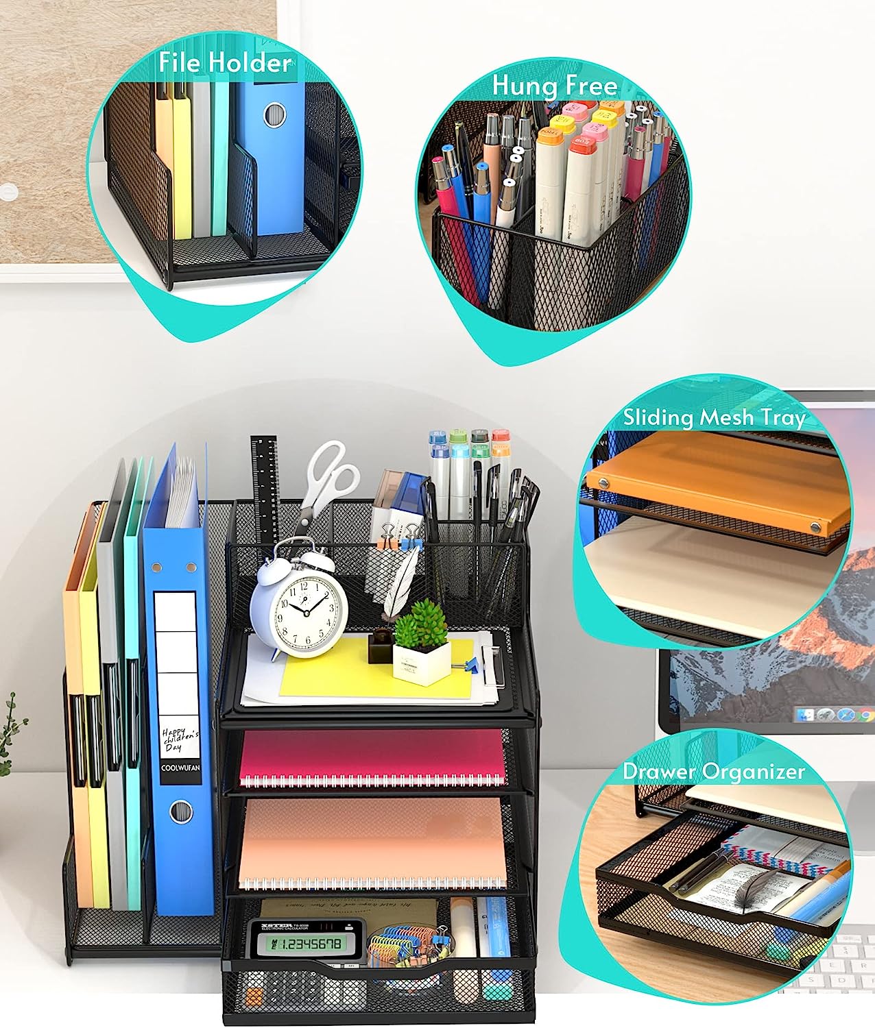 VIVSOL Desk Organizer with Mesh File Holder， 4-Tier Office Supplies Desk Organizers and Accessories with Sliding Drawers， 3 Trays & Pen Holder， Desk File Organizer and Storage for Office， School， Home - Image 5
